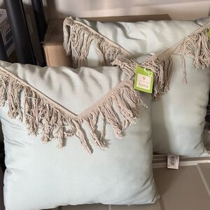Brand New! Fringed Accent Pillow - Light Teal and Beige